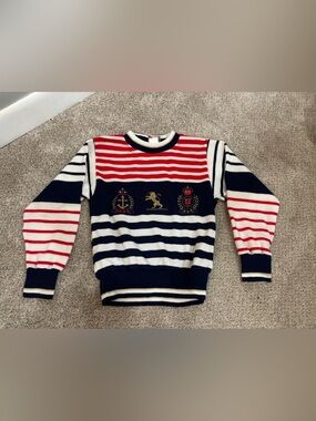 Vintage nautical-style sweater Bull Frog Knits USA patriotic red white blue 7